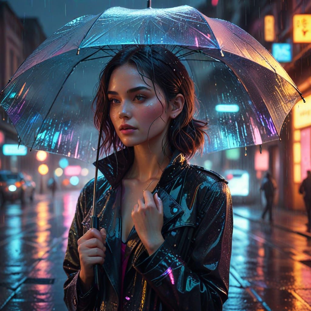 Woman with Umbrella in Neon Noir Rain