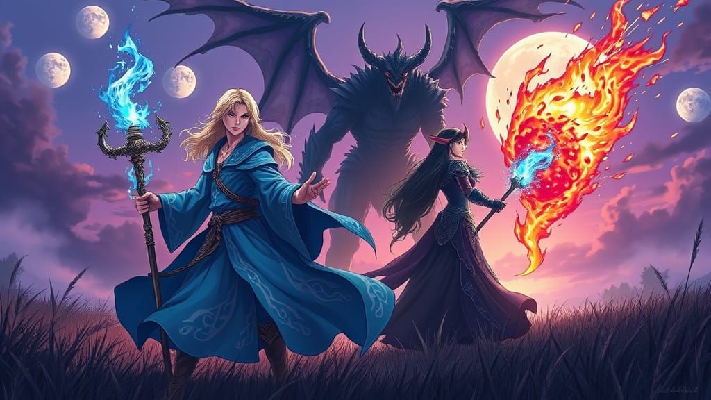 Epic Anime Sorcerer Battles Fiery Demon Under Dusk