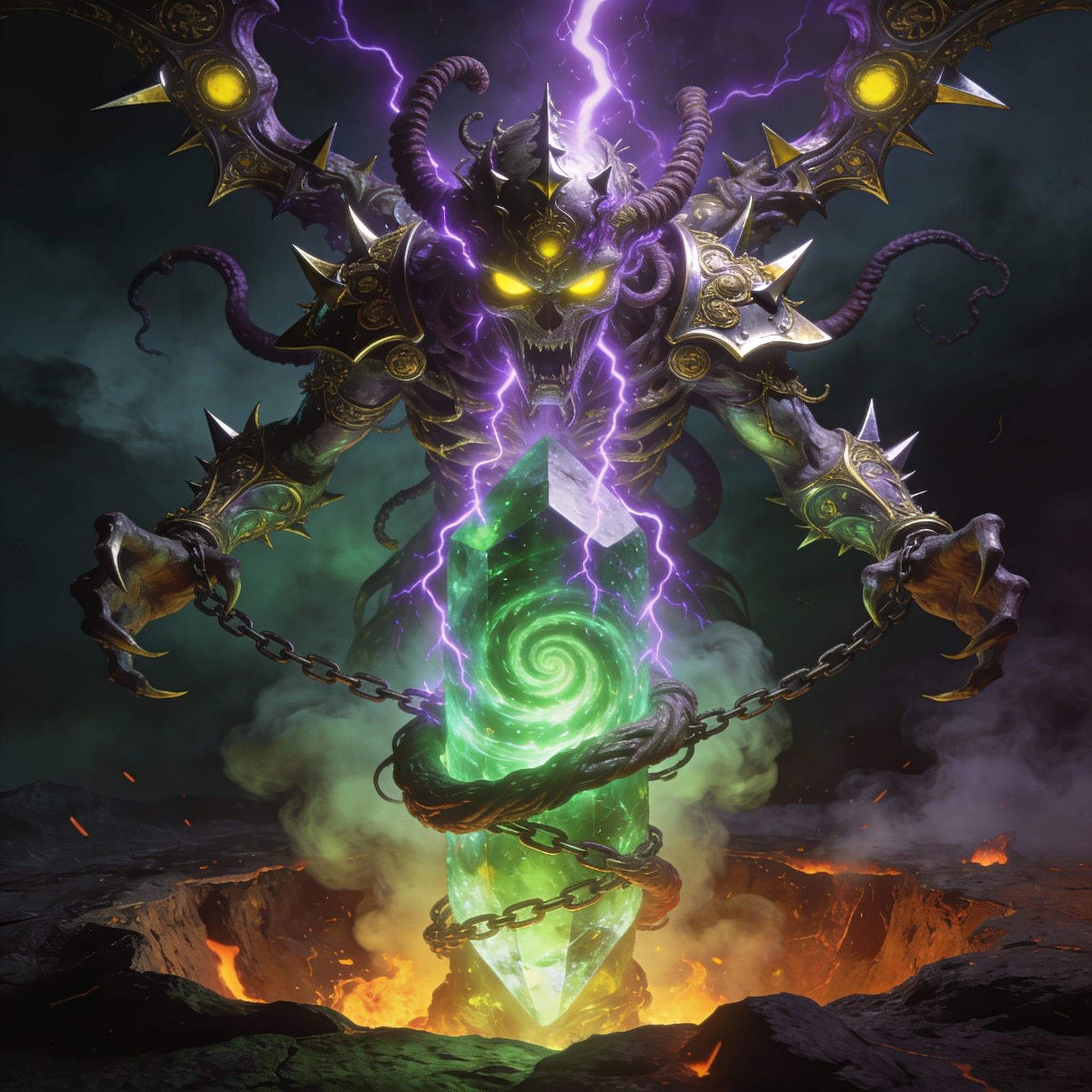 Warhammer 40k Daemon Chained to Crystal Amidst Lightning Sto...