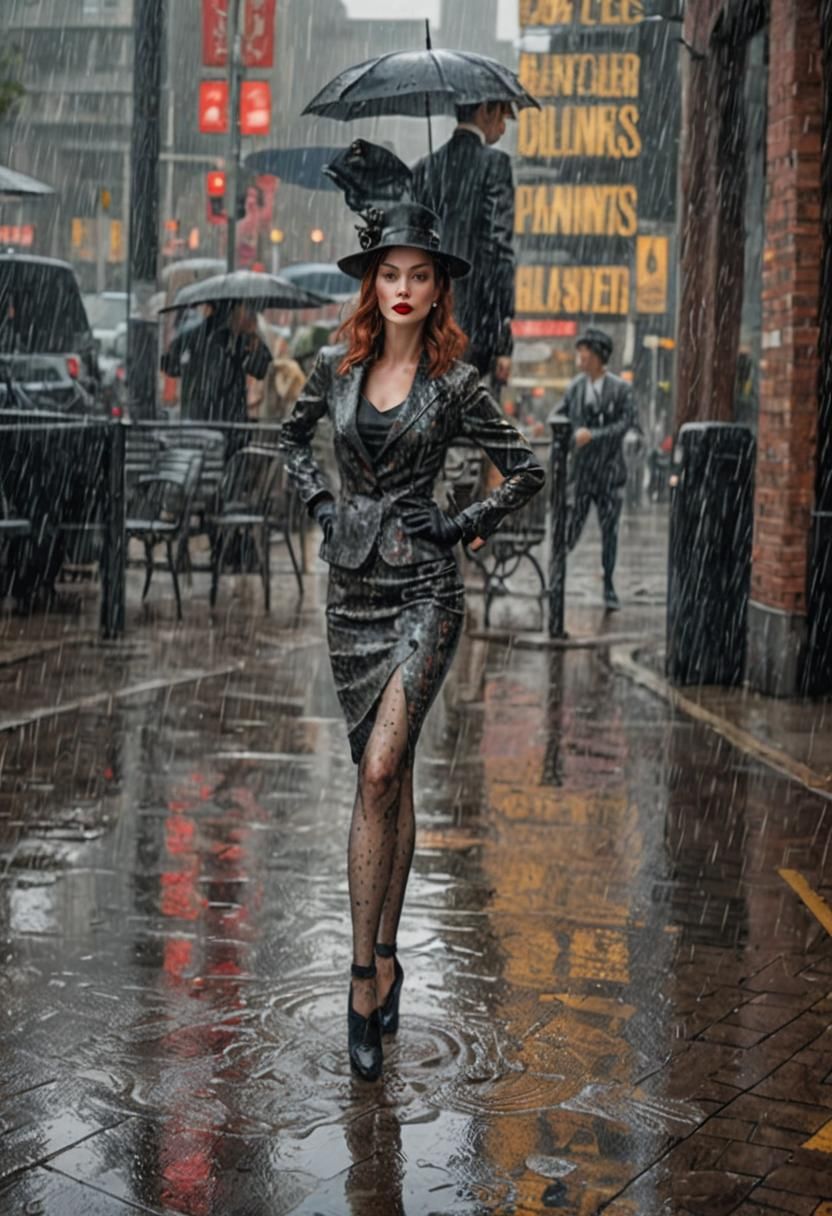 Glamorous Woman in Rain: Photorealistic Art