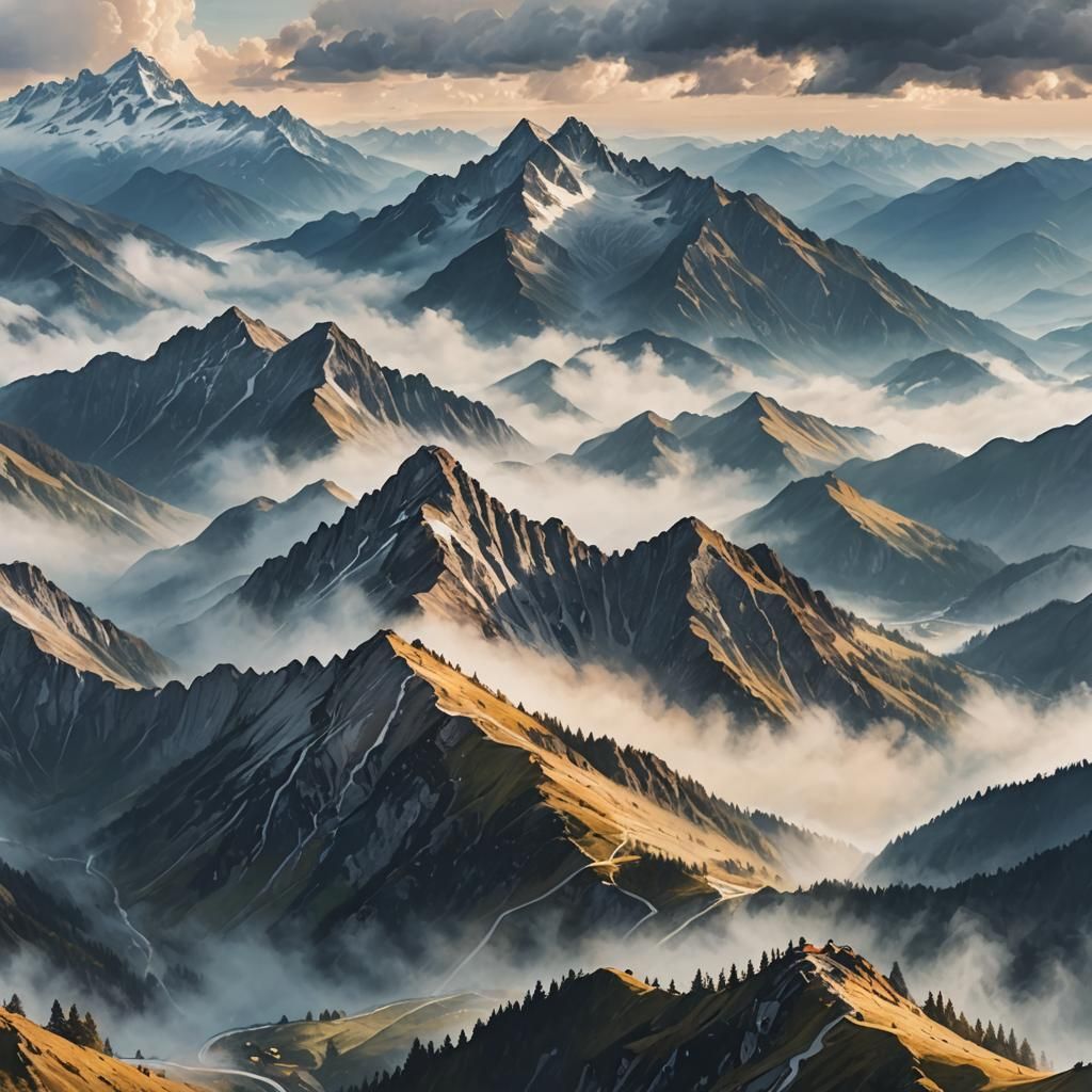 Misty Mountain Peak Panorama in Ethereal Oil Painting Style