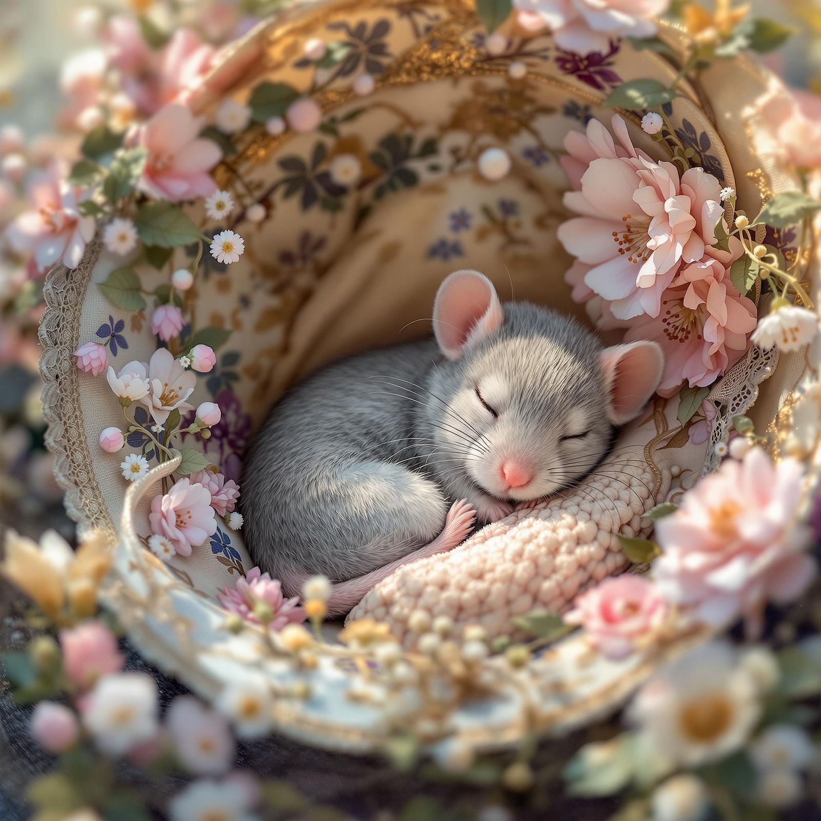 Cute Gray Mouse Slumbers in Floral Springtime Hat