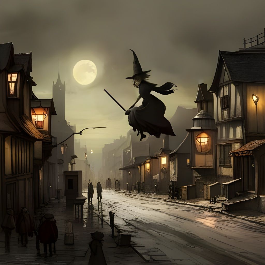 Witch Soaring on Broomstick Under Full Moon