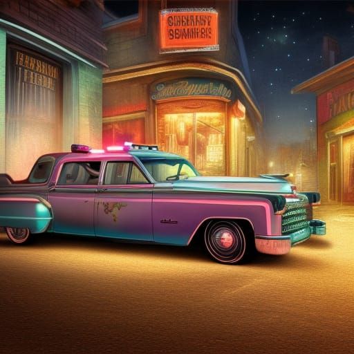 Retro Cafe at Night with Cadillac Ambulance
