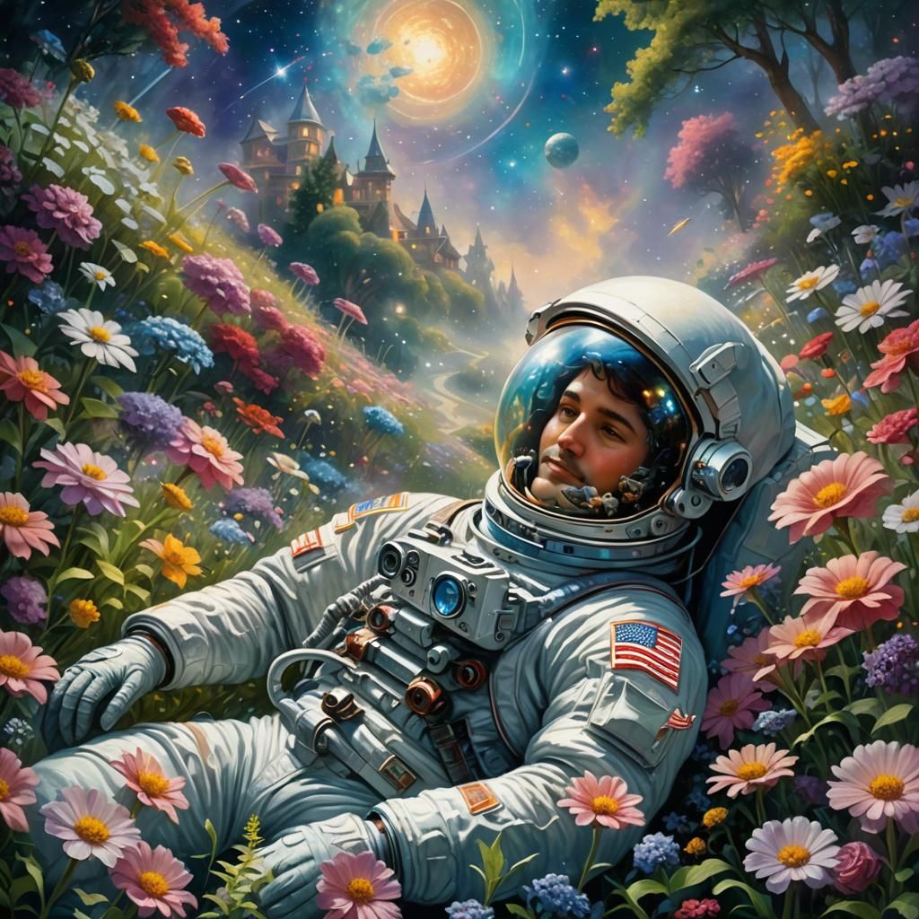 Astronaut in Flower Garden Reflecting the Universe