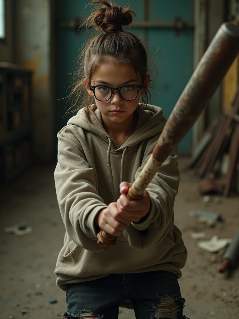 Gritty Teen Girl Stands Ready in Abandoned Warehouse