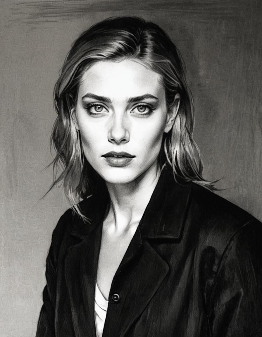 Blond Beauty with Green Eyes: Minimalist Charcoal Portrait