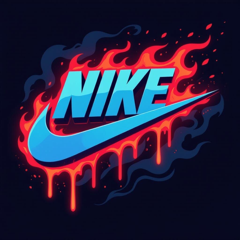 Nike Logo with Dripping Fire in Neon Futuristic Style