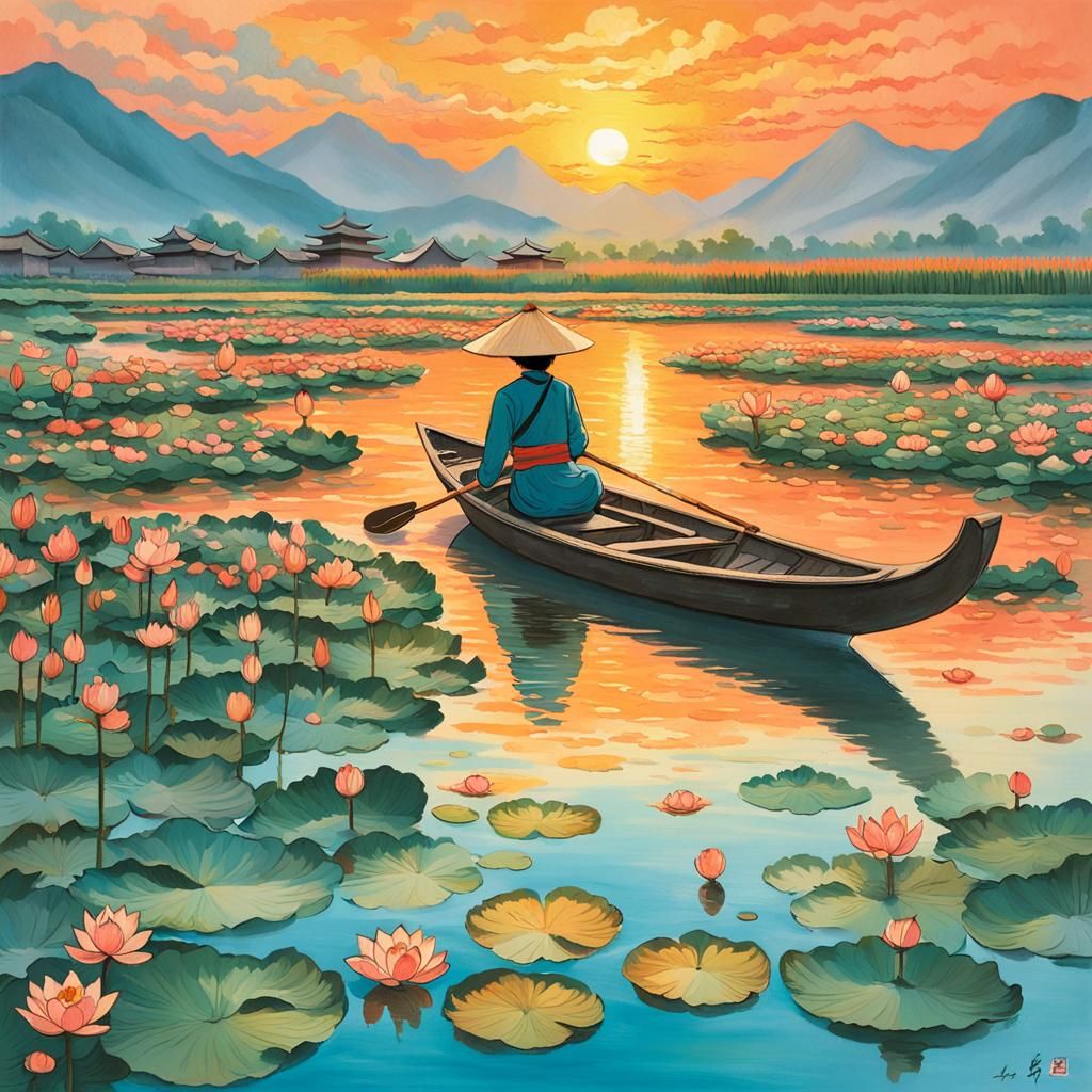 Lotus Waterway Sunrise in Watercolor