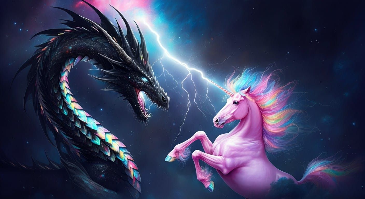 Cosmic Dragon's Lightning Unleashed on Pink Unicorn