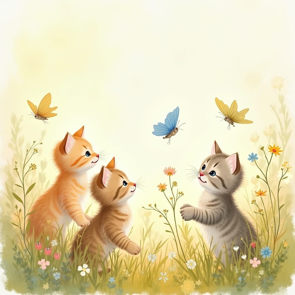 Kittens Frolicking in a Wildflower Meadow, Watercolor Style