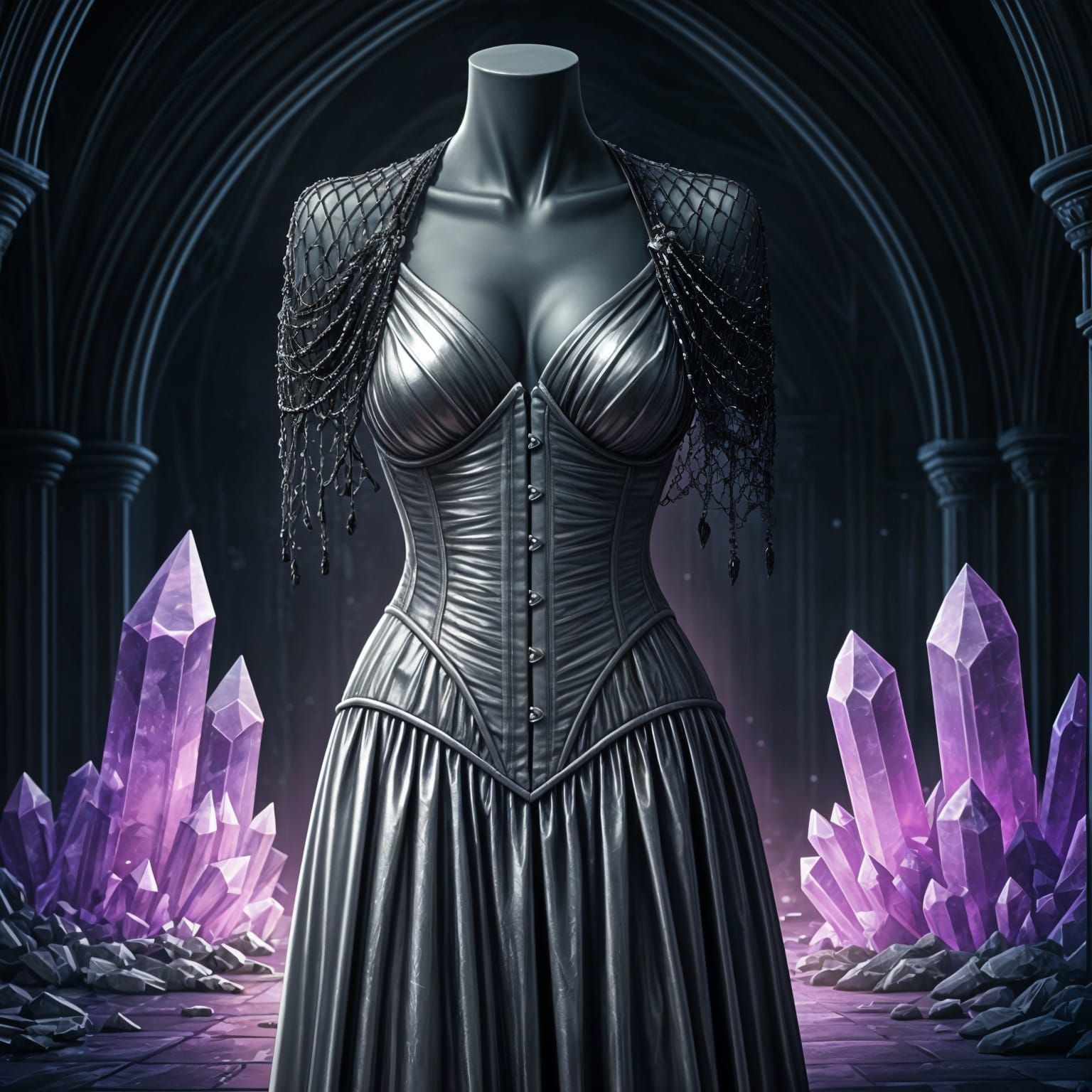 Dark Elf in Silver Evening Dress with Lace