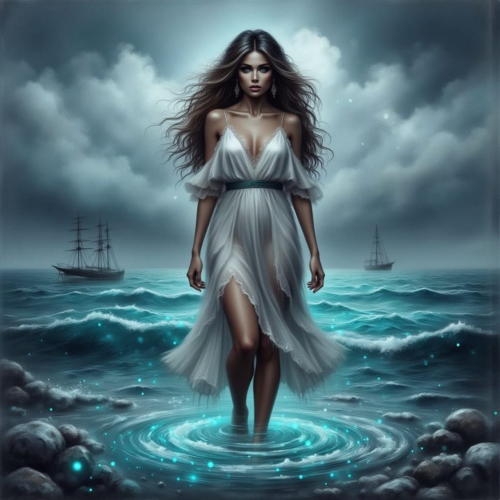 Mysterious Woman in Bioluminescent Ocean, Rutkowski Style