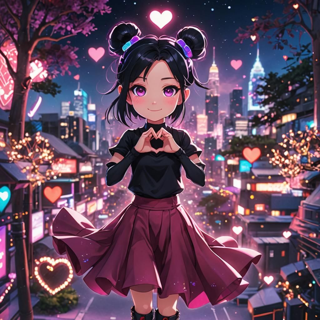 a girl with long black hair in space buns, purple eyes, wear...