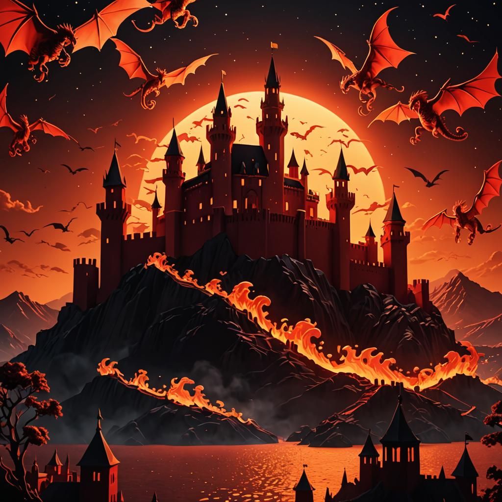 Fiery Mediterranean Castle with Dragons in 3D