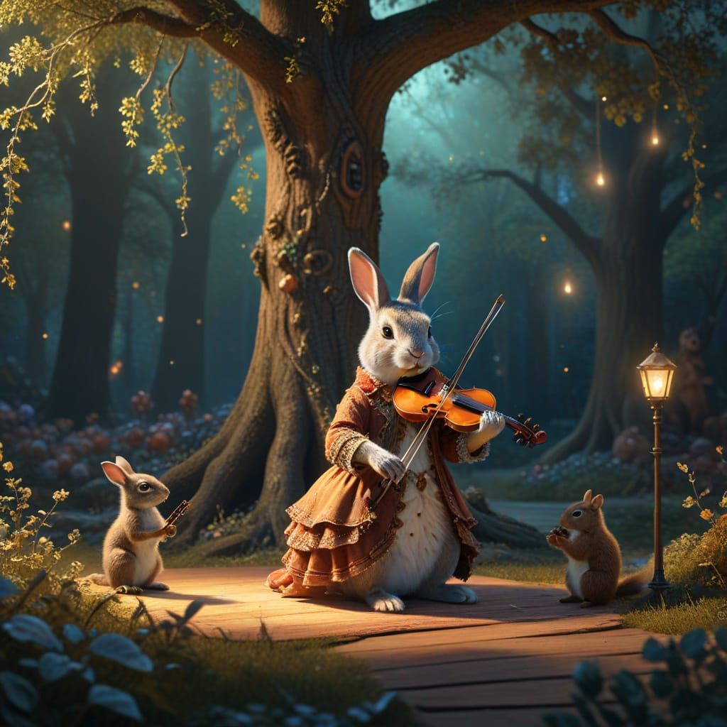 Whimsical Rabbit Musician in Enchanted Forest