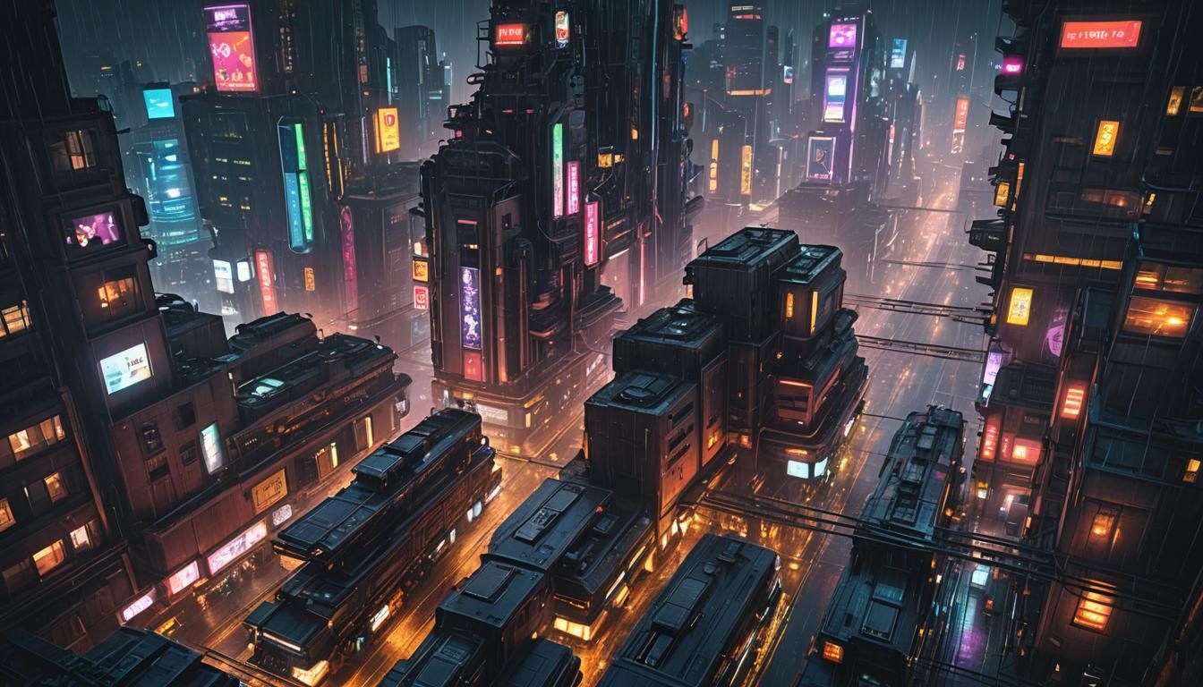 Cyberpunk Cityscape at Night in Detailed Matte Painting