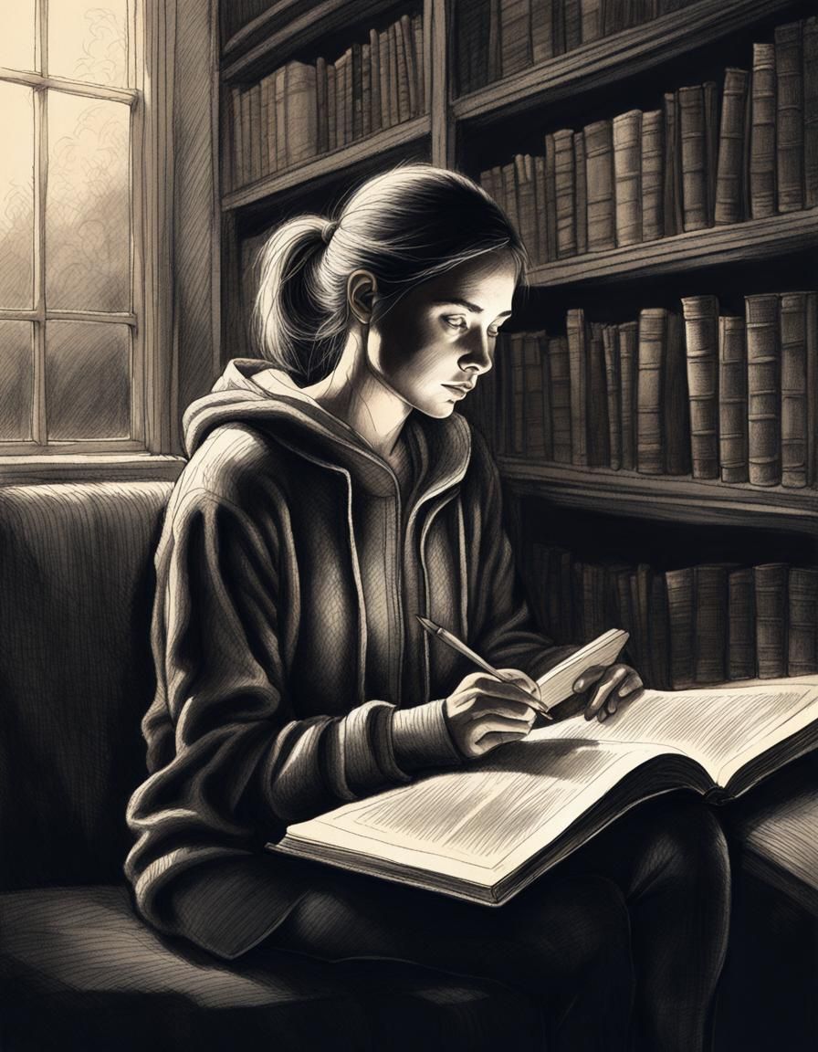 Young Woman Reading: Hyper-Realistic Pencil Sketch