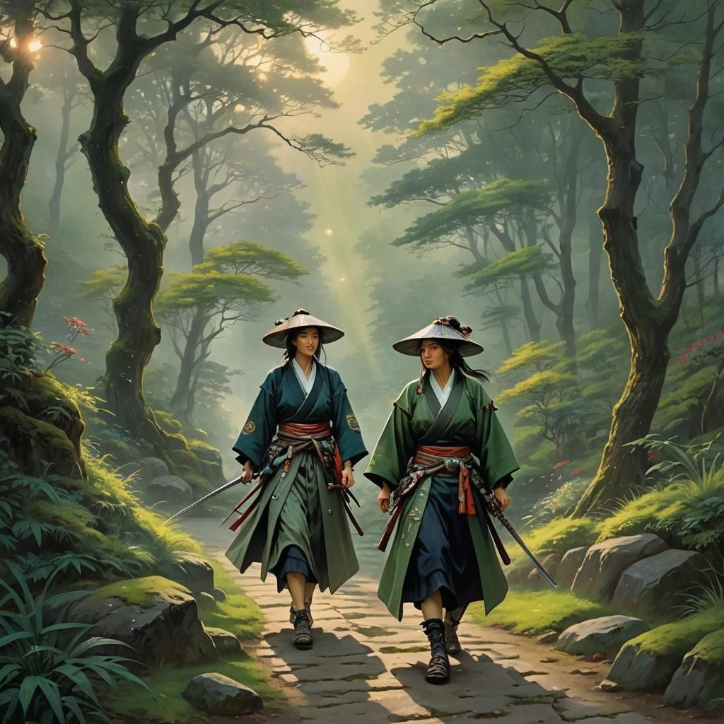 Japanese Samurai Roaming Forest at Night