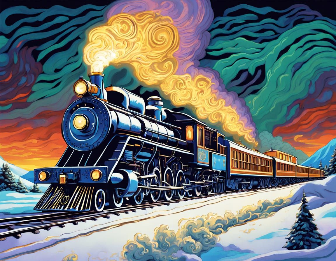 Art Deco Steam Train in Surreal Snowy Dreamscape