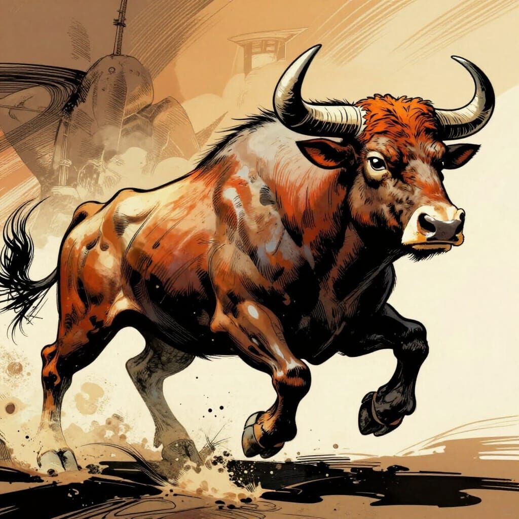 Powerful Aurochs Illustration in Dynamic Comic Style