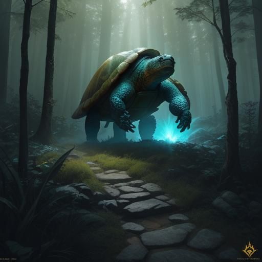 Heroic Turtle Radiating Energy in Misty Forest