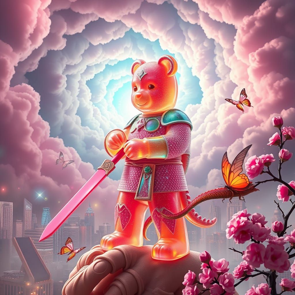 Surreal Sugar City Warrior in Hyper-Realistic 8K Rendering