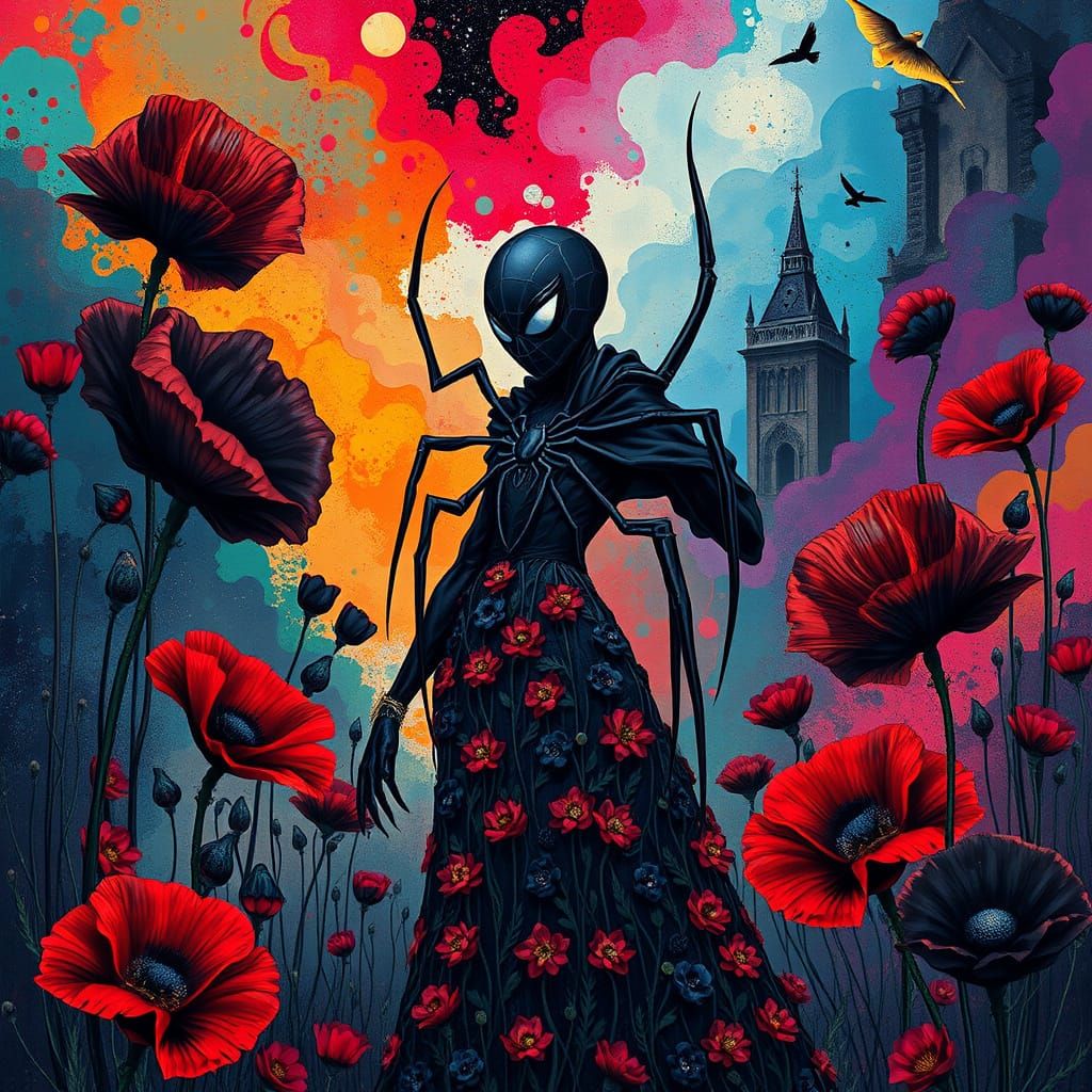 Spider Woman in Black Poppy Dreamscape: Surreal Abstract Art