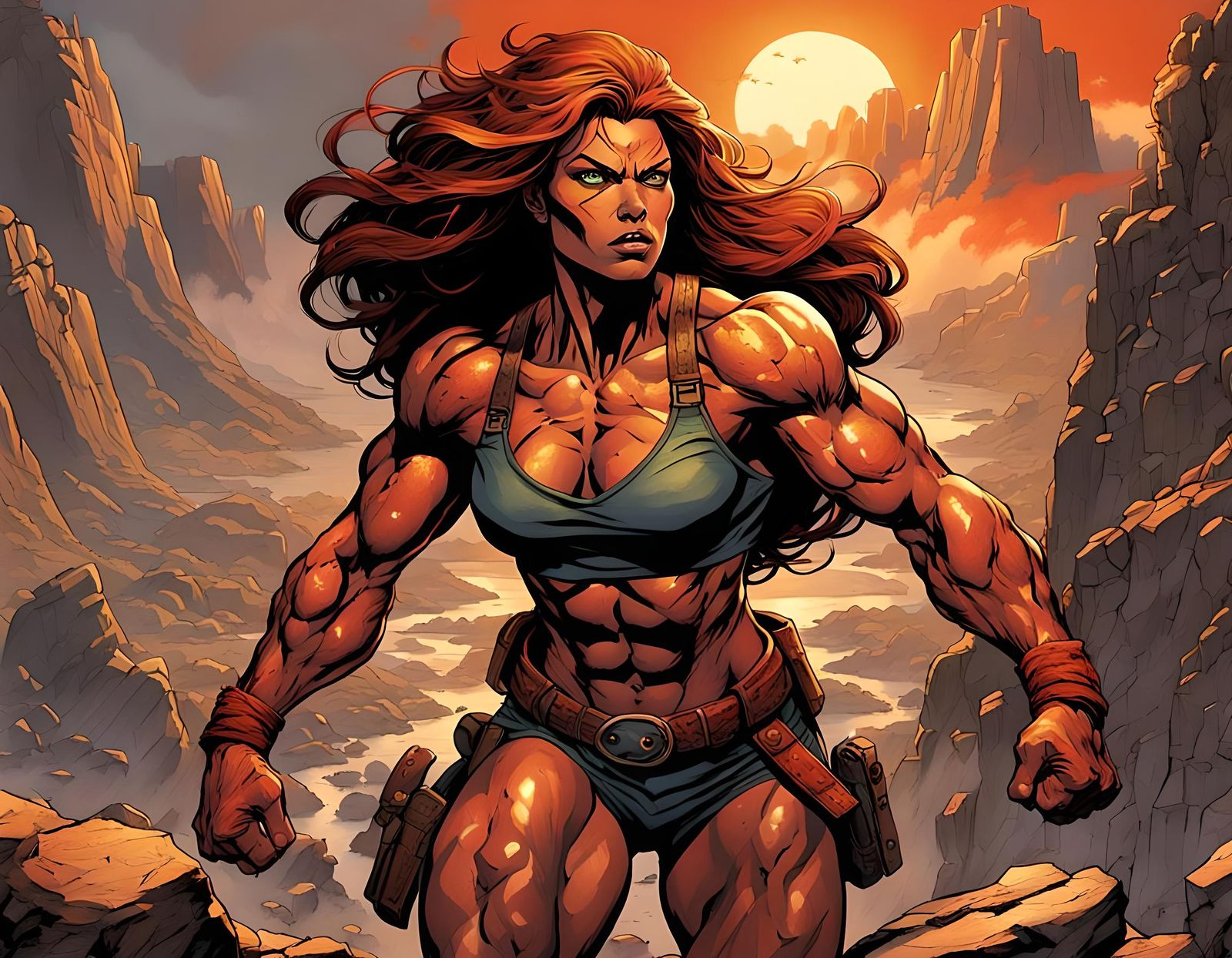 Barbarian Woman in Rocky Landscape, Comic Book Style