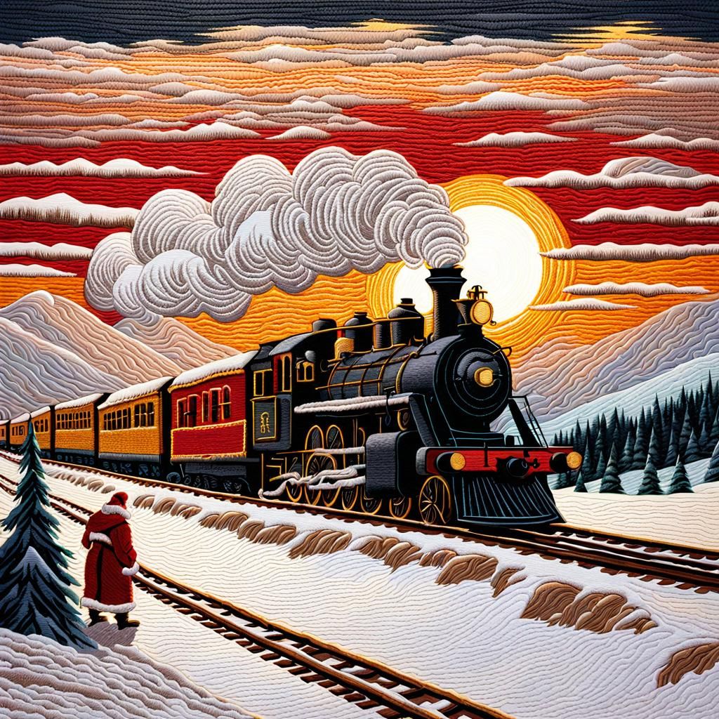 Embroidered Steam Train Through Winter Landscape
