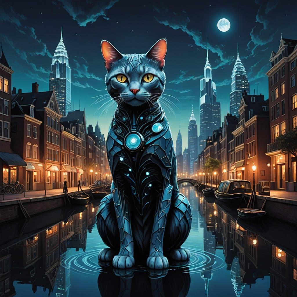 Cat in Futuristic Couture Surveys Waterway Metropolis