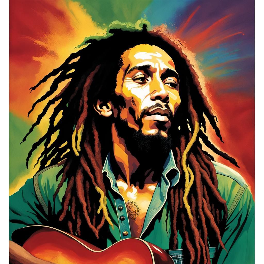 Bob Marley Portrait with Sunset Sky in Gritty Realism