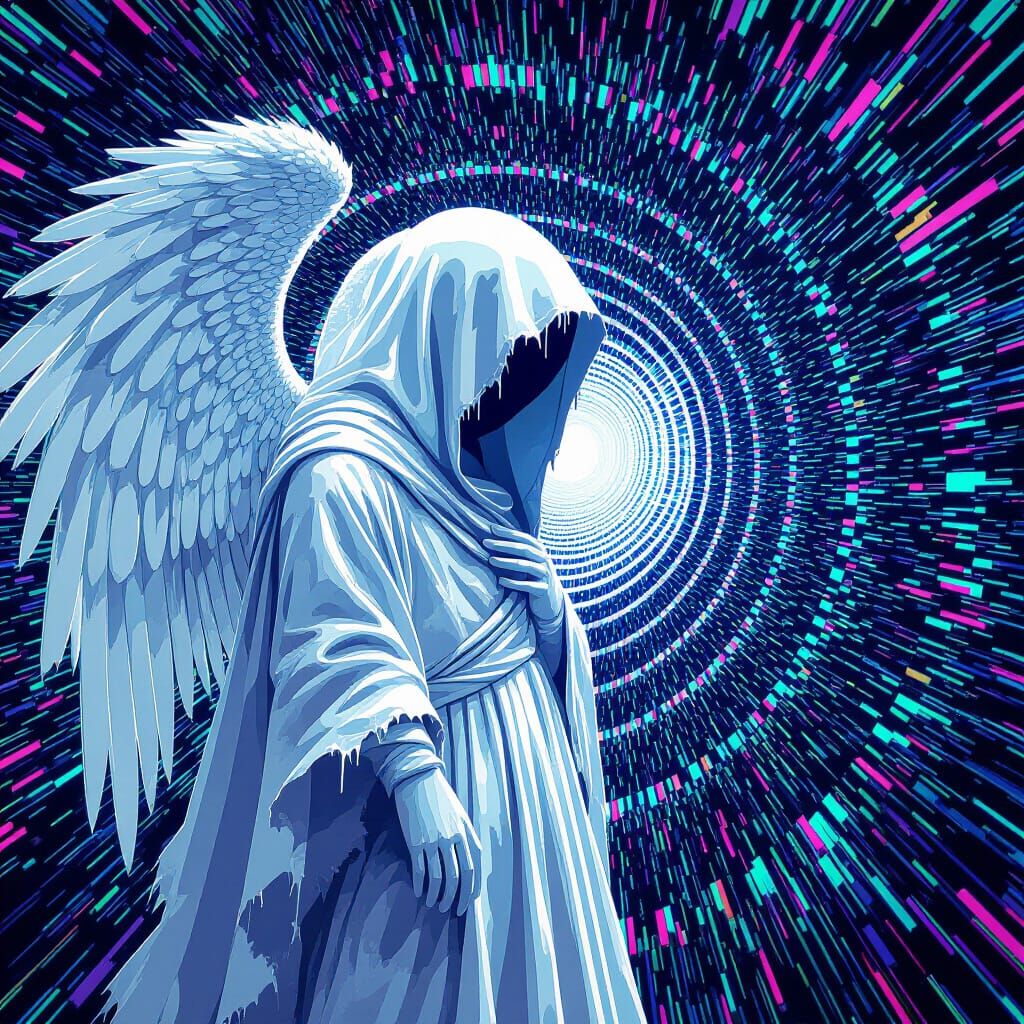 Pixelated Angel in Psychedelic Abstract Style