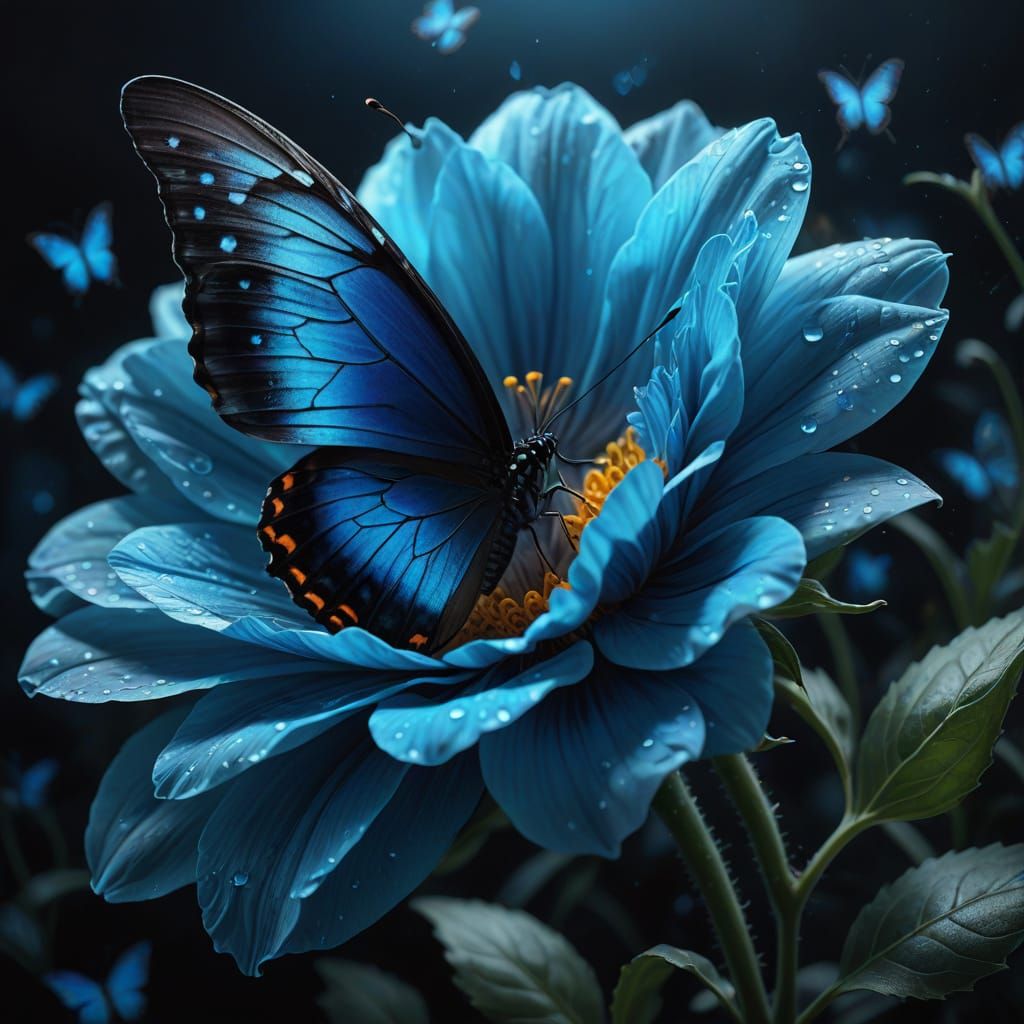 Glowing Blue Flower and Butterfly in Oil Painting Style