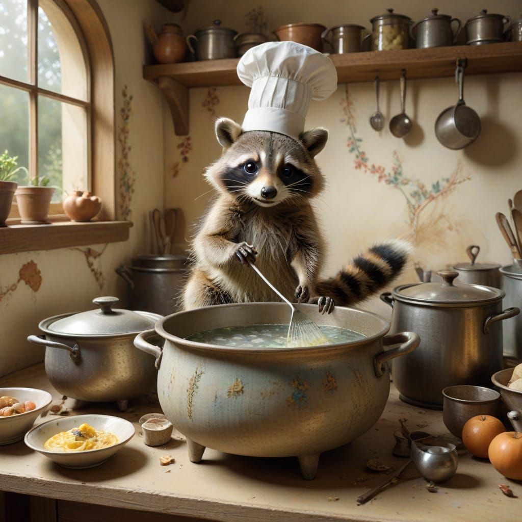 Whimsical Raccoon Chef in Watercolor Kitchen