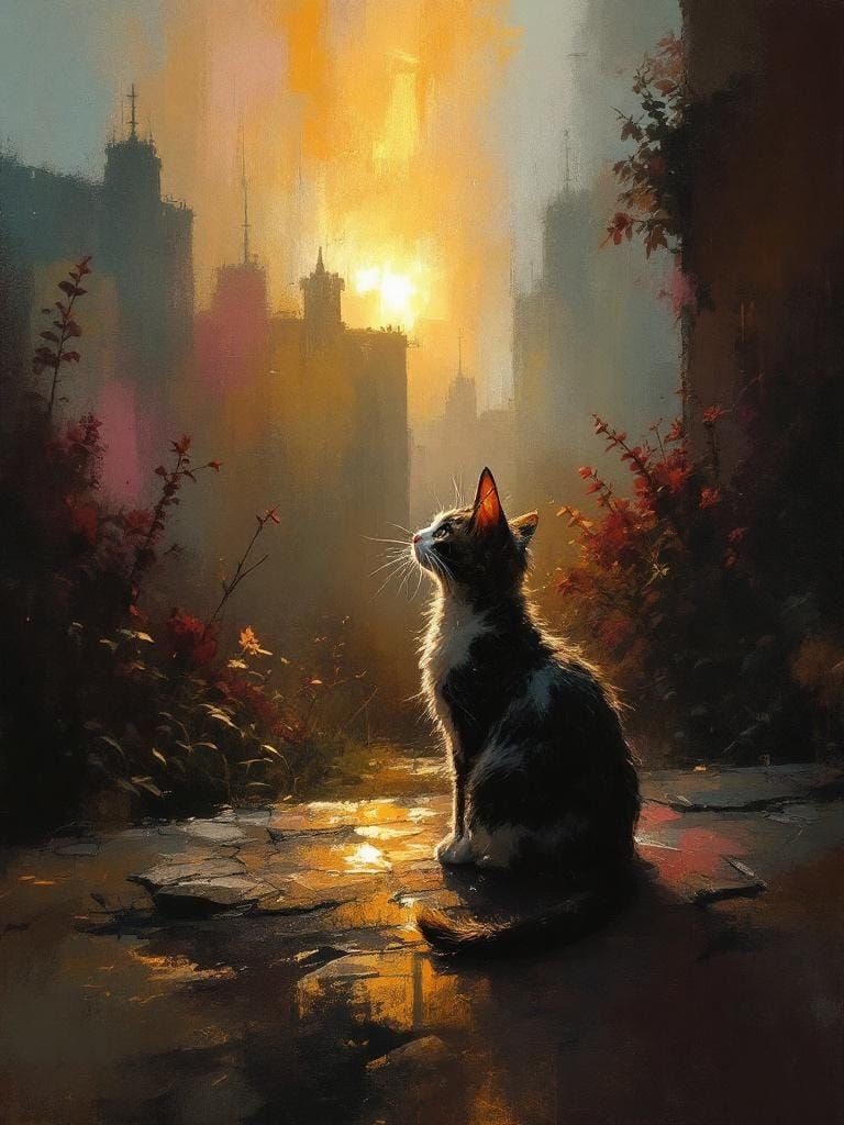 Cat Under Flower in Impressionistic Film Noir Style