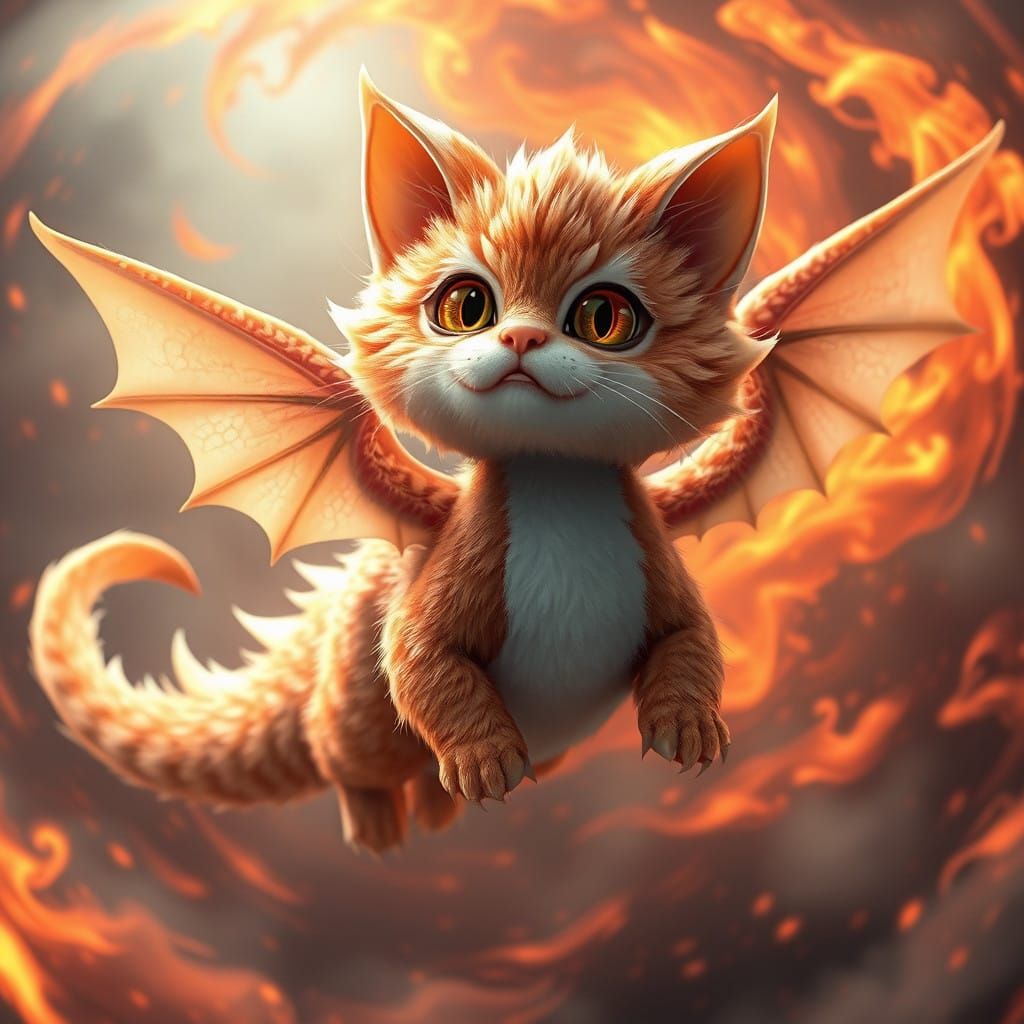 Fluffy Dragon Cat Soars Through Fiery Vortex in 3D Anime Sty...