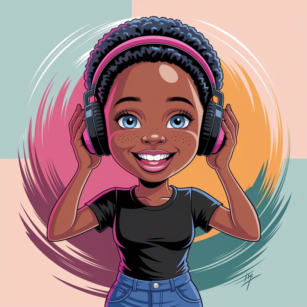 Cartoon Girl Radiates Joy in Pastel Paradise