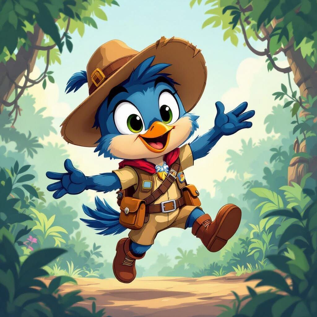 Adventurous Cartoon Explorer Bird in Vibrant Jungle