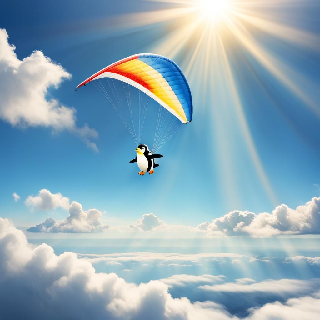 Penguin Hang-Gliding in Divine Sunshine