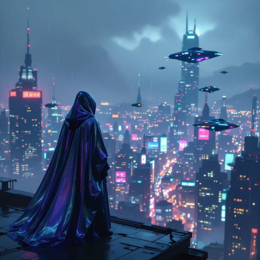 Hyperrealistic Metropolis View with Figure in Iridescent Clo...