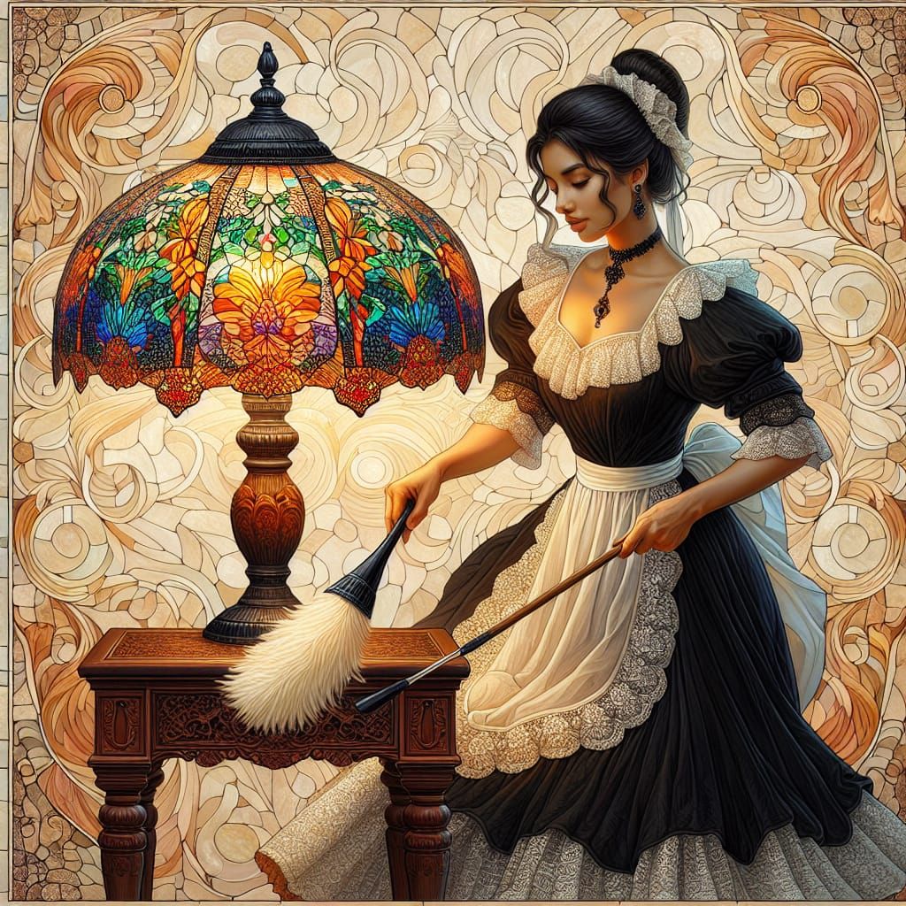 South Asian Maid Dusting Tiffany Lamp in Acrylic Style