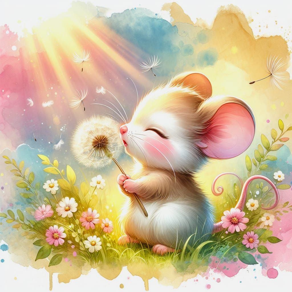 Whimsical Watercolor Mouse in Springtime