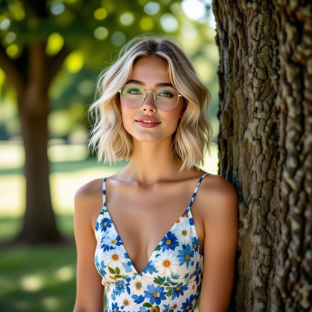 French Girl in Floral Jumpsuit Poses in Park