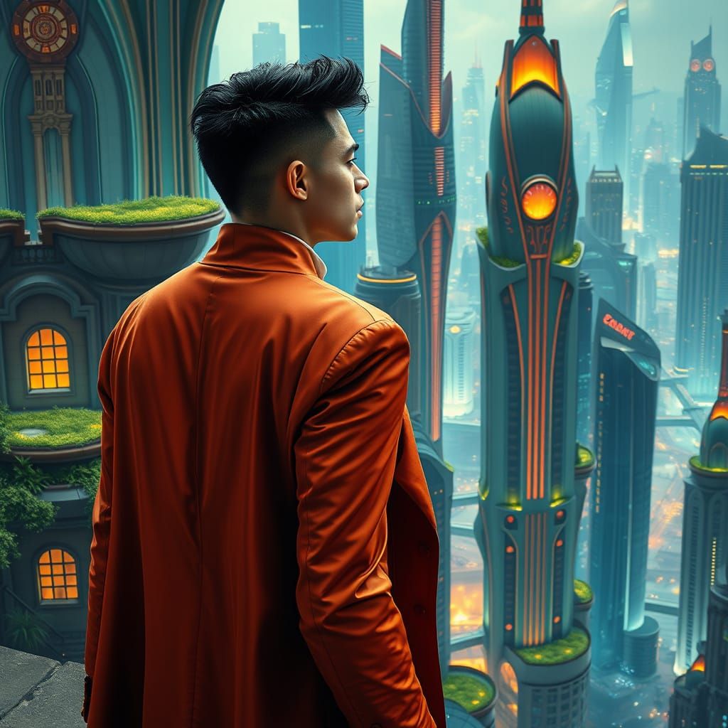 Man in Copper Suit Stares Out at Futuristic Utopian Cityscap...