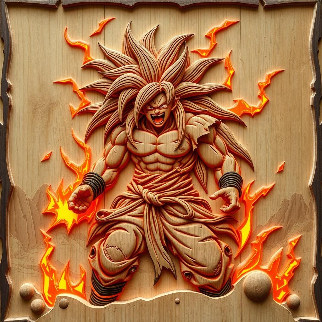 Furious Woodcut Warrior Charges Energy in Desert