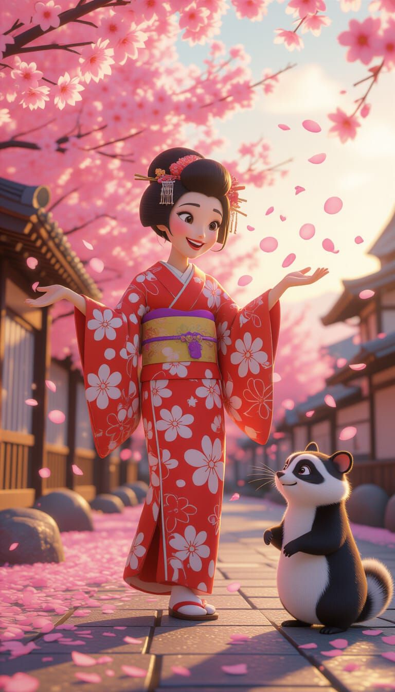 Joyful Japanese Woman in Pixar Style