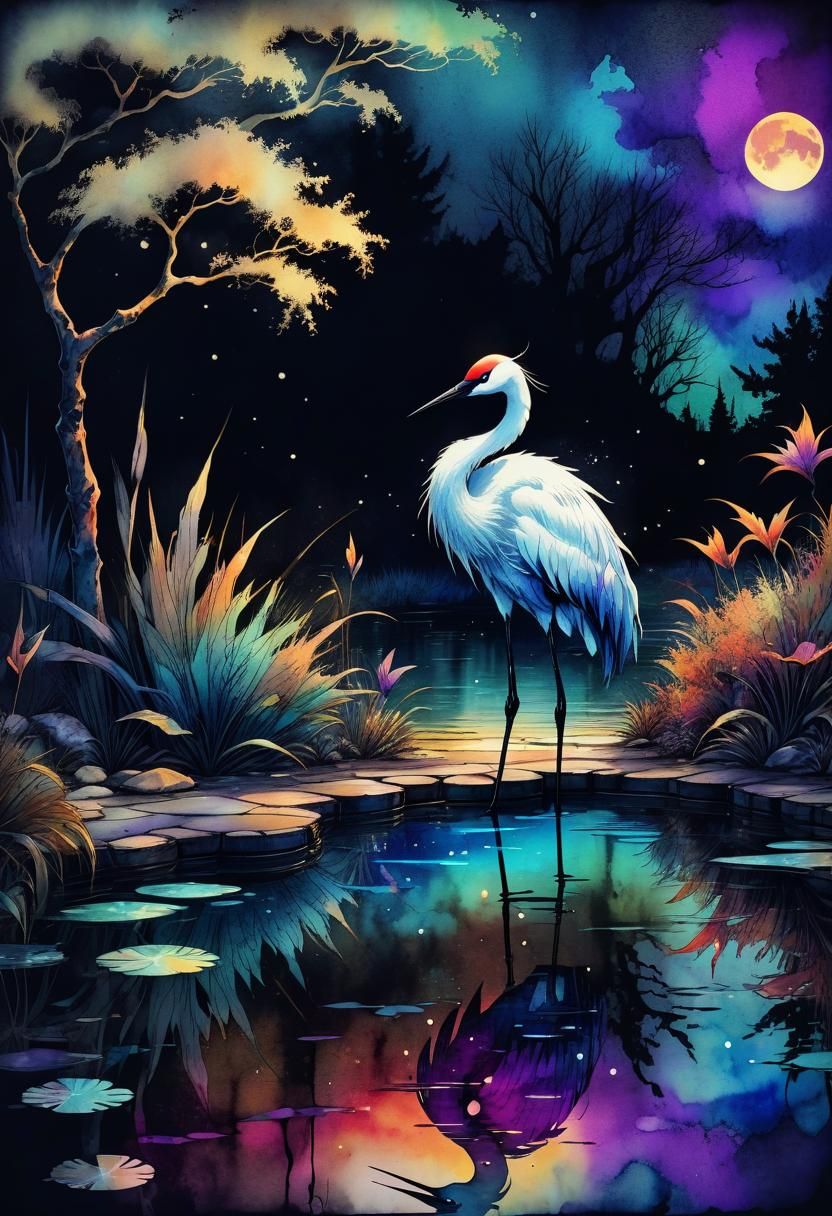 Whimsical Fantasy Crane in Retro Alcohol-Ink Style