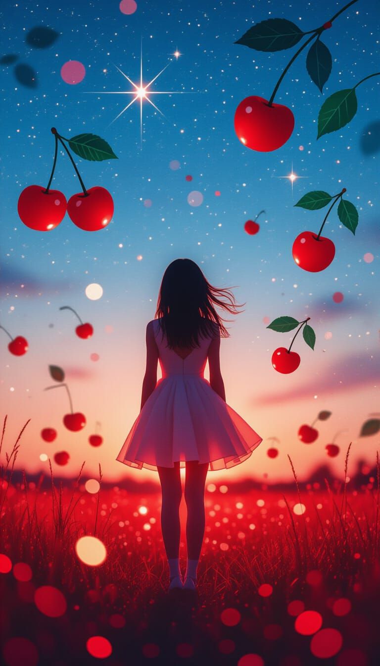 Vibrant Girl and Cherries in Dreamlike Wonderland