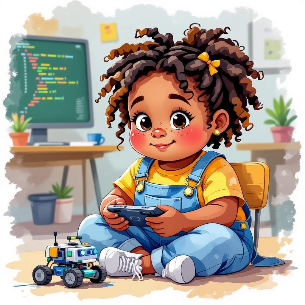 Girl Coding Bots in Wet-on-Wet Watercolor